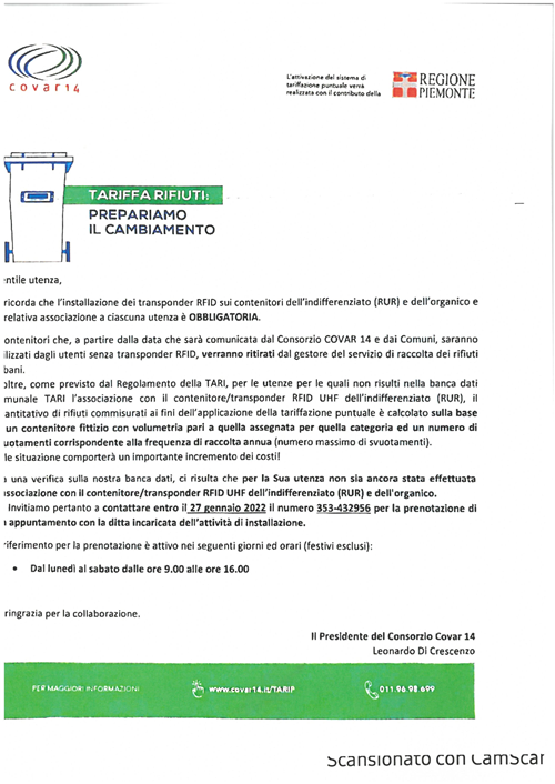 Lettera Covar per installazione dei transponder sui contenitori dell'indifferenziato (RUR) e dell'organico