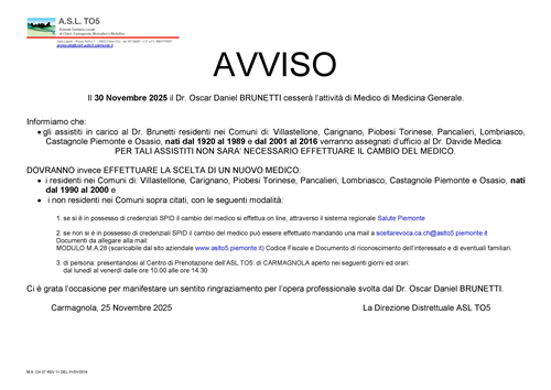 Avviso: il Dr. Oscar Daniel BRUNETTI cesserà l’attività di Medico di Medicina Generale.
