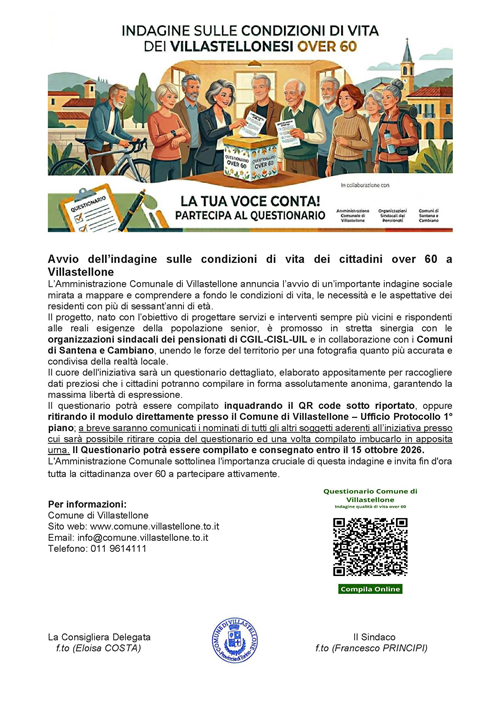 Avvio dellindagine sulle condizioni di vita dei cittadini over 60 a Villastellone