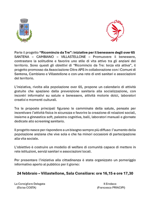 Parte il progetto Ricomincio da Tre: iniziative per il benessere degli over 65